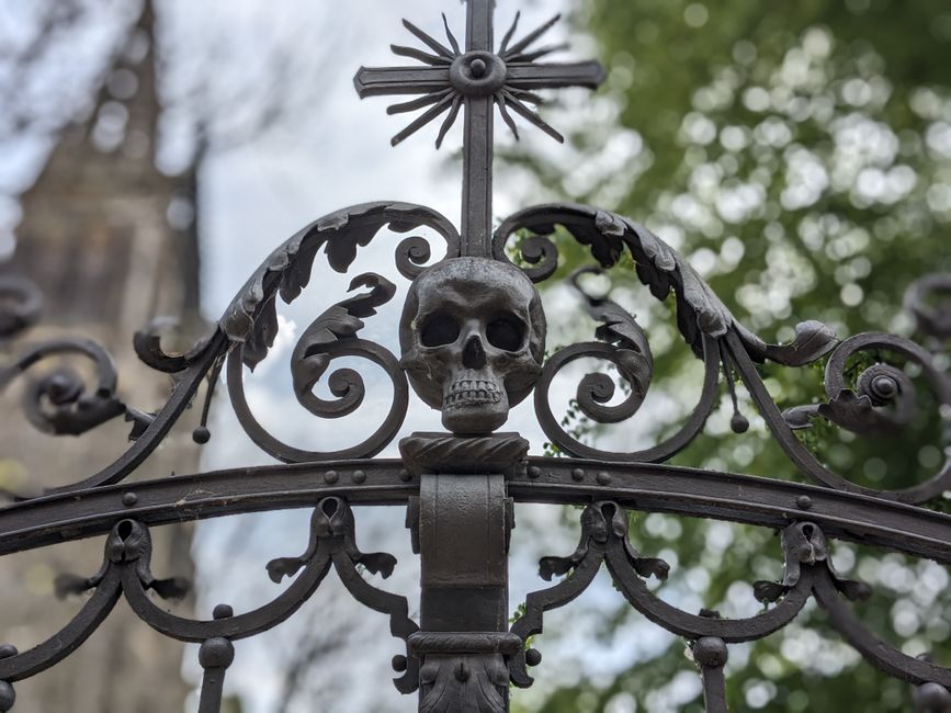 Close-up of ornate wrought iron gate with skull and cross detail, outdoors.
